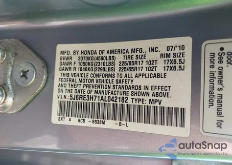 2010 Honda Cr-V Ex-L z USA, uszkodzony, nr VIN 5J6RE3H71AL042182